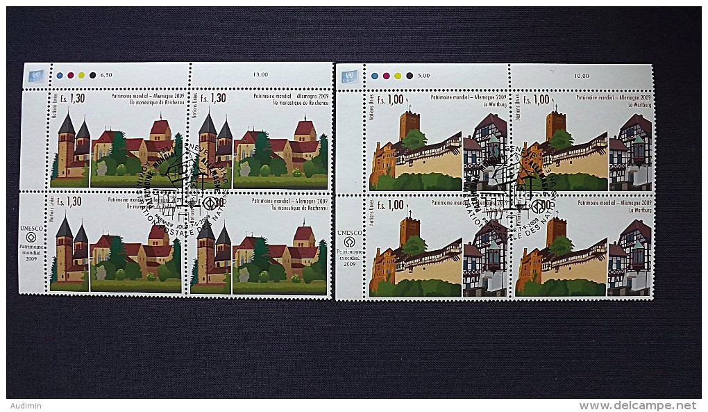 UNO-Genf 644/5 Oo/ESST, Eckrandviererblock ´A´, UNESCO-Welterbe: Deutschland, Wartburg, Insel Reichenau - Oblitérés