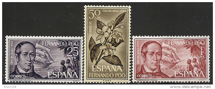 FERNANDO POO-1964-ED. 220 A 222 COMPLETA-DIA DEL SELLO DE 1963. GOBERNADOR CHACÓN Y FLOR DE AZAHAR-NUEVO SIN FIJASELLOS- - Fernando Poo