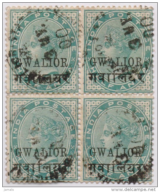 India, Princely State Gwalior Overprint On Br India Queen Victoria, Used, Block Of 4, Inde Indien - Gwalior