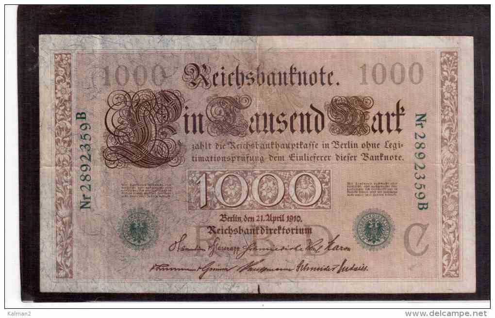 A29  -   GERMANIA    -   1000 MARK  -  GREEN SERIAL   21.4.1910  /  V.F. - 1.000 Mark