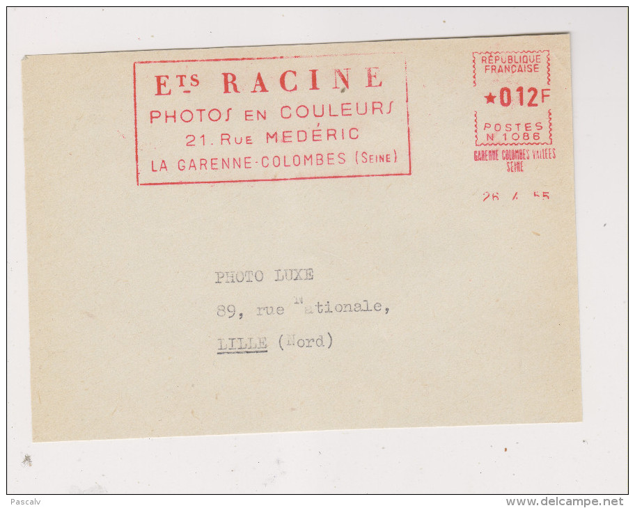 EMA Devant Du 26/04/55 De La Garenne-Colombes Ets Racine Photos En Couleurs - EMA ( Maquina De Huellas A Franquear)