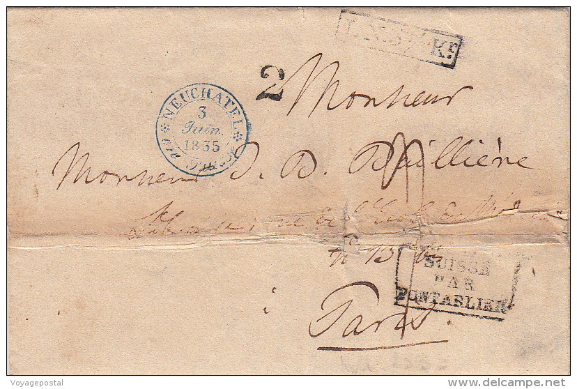 Lettre Suisse CaD Bleu Neuchâtel >> LN.5 Kr. Suisse Par Pontarlier 1835 - ...-1845 Prefilatelia