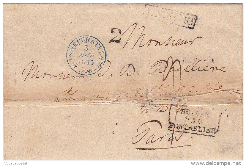 Lettre Suisse CaD Bleu Neuchâtel >> LN.5 Kr. Suisse Par Pontarlier 1835 - ...-1845 Préphilatélie