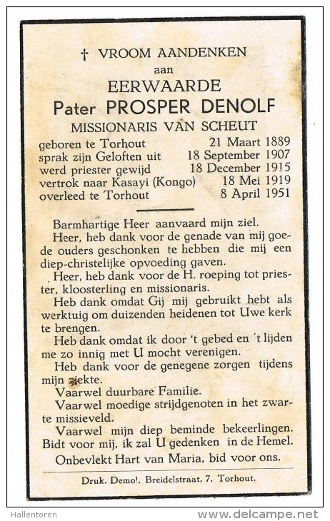 Torhout : Eerwaarde Pater Prosper Denolf; Missionaris Van Scheut; 1951 ( 2 Scans) - Images Religieuses