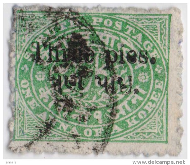 India, Princely State Soruth, Three Pies Overprint On Emerald Green, Laid Paper, Used Inde Indien - Soruth