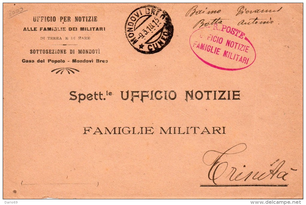 1918 LETTERA CON ANNULLO MONDOVI CUNEO - UFFICIO NOTIZIE FAMIGLIE MILITARI - 1914-18