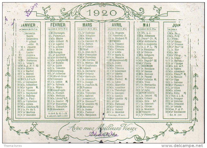 Calendrier 1920 Imprimerie Joseph-charles (paris) (PPP2310) - Kleinformat : 1901-20