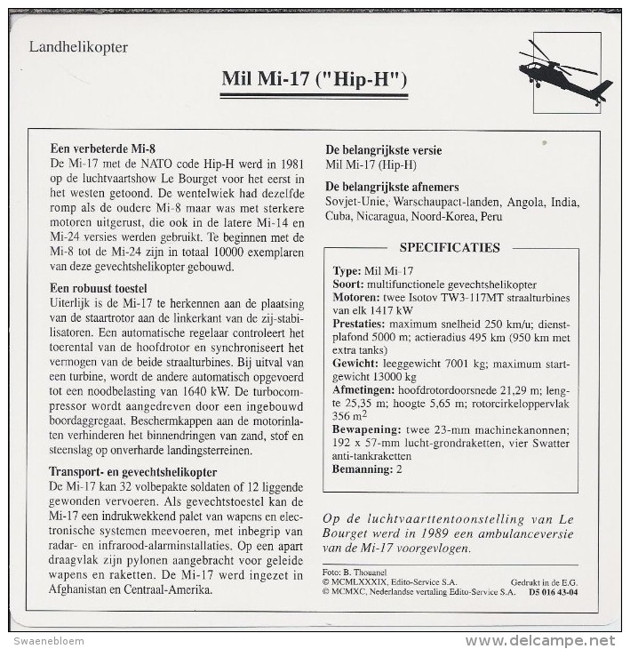 Helikopter.- Helicopter - MIL MI-17 - Hip-H - U.S.S,R,. Sovjet-Unie. 2 Scans - Helicópteros