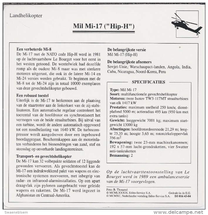 Helikopter.- Helicopter - MIL MI-17 - Hip-H - U.S.S,R,. Sovjet-Unie. 2 Scans - Helicopters