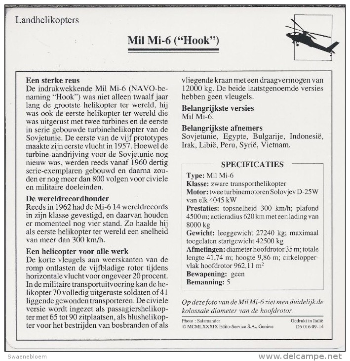 Helikopter.- Helicopter - MIL MI-6 - Hook - U.S.S,R,. Sovjet-Unie. 2 Scans - Hélicoptères