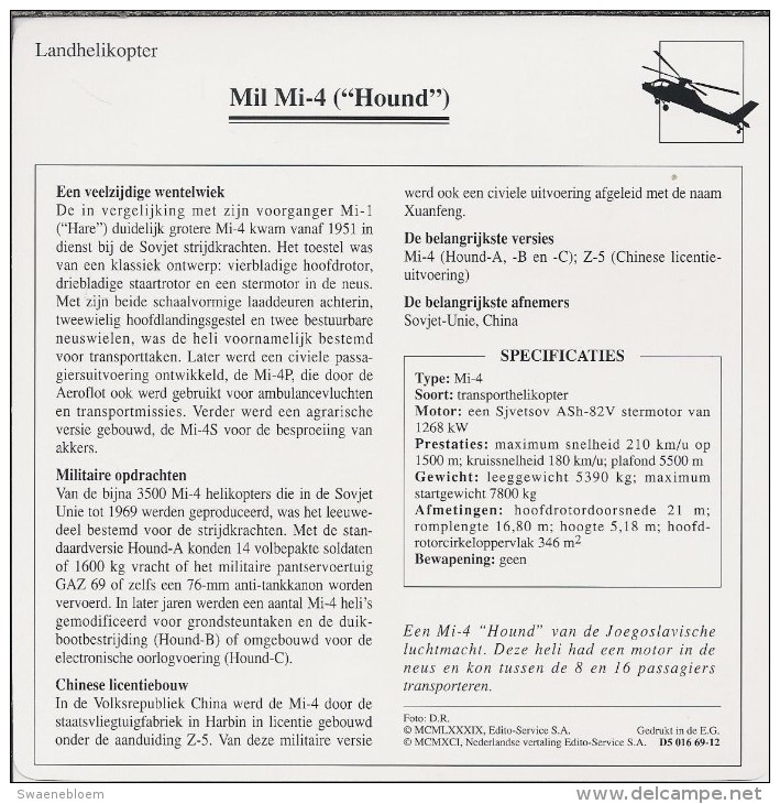 Helikopter.- Helicopter - MIL MI-4 - Hound - U.S.S,R,. Sovjet-Unie. 2 Scans - Helicópteros