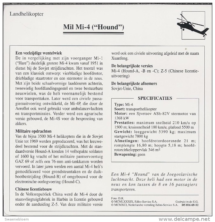 Helikopter.- Helicopter - MIL MI-4 - Hound - U.S.S,R,. Sovjet-Unie. 2 Scans - Helicopters