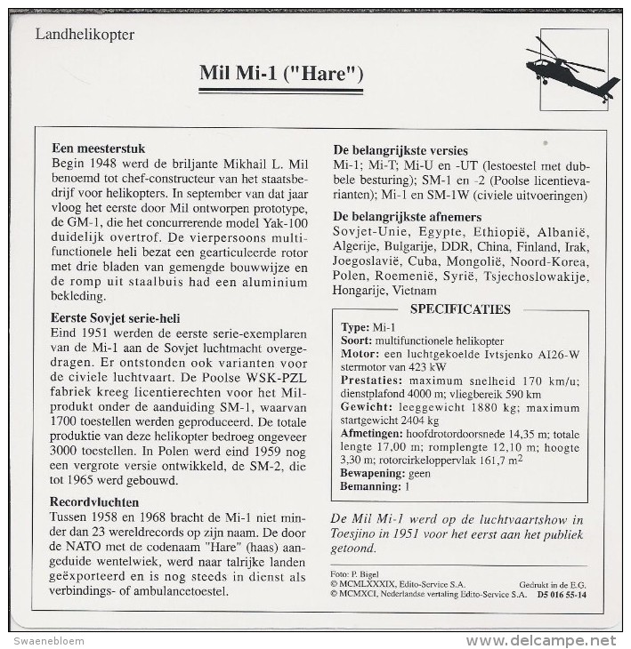 Helikopter.- Helicopter - MIL MI-1 - Hare - U.S.S,R,. Sovjet-Unie. 2 Scans - Helicopters