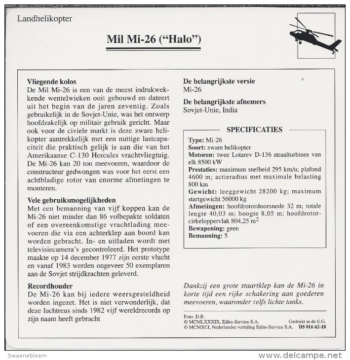 Helikopter.- Helicopter - MIL MI-26 - Halo - U.S.S,R,. Sovjet-Unie. 2 Scans - Helikopters