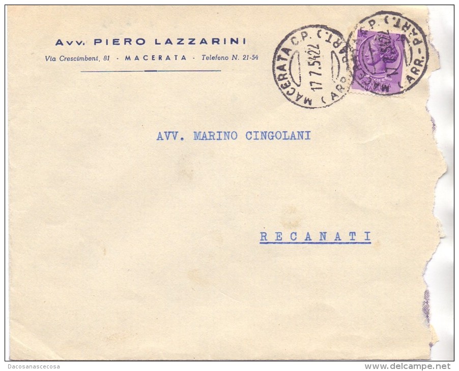 SS - AVV. PIETRO LAZZARINI -  MACERATA - 12X18 - LS - ANNO 1954 -TEMA TOPIC COMUNI D'ITALIA - STORIA POSTALE - Macchine Per Obliterare (EMA)