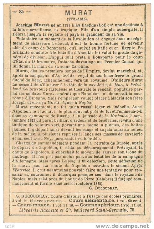 Chromo Librairie Hachette Et Cie - Murat ( 1771-1815 ) - N° 85 - Texte Au Dos - Altri & Non Classificati