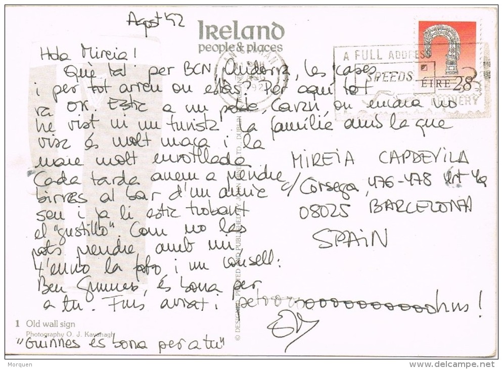 16685. Postal  AN CABHAN (Cavan) Irlanda. Eire 1992. GUINNESS - Briefe U. Dokumente
