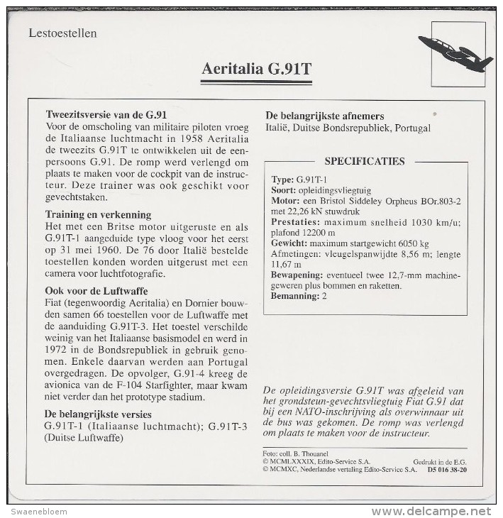Vliegtuigen.- Lesvliegtuig. Lestoestel. Aeritalia G.91T -. 2 Scans - Andere & Zonder Classificatie