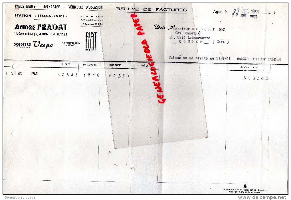 47 - AGEN - FACTURE ANDRE PRADAT -14 COURS DE BELGIQUE- GARAGE STATION SEVICE ESSO - SCOOTER VESPA -1963 - 1950 - ...