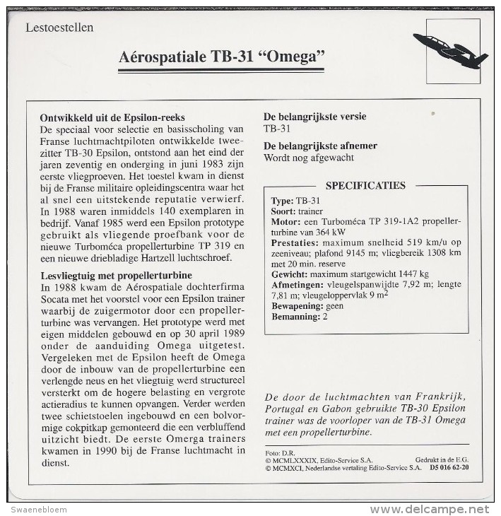 Vliegtuigen.- Lesvliegtuig. Lestoestel. Aerospatiale TB-31 - Omega - 2 Scans - Andere & Zonder Classificatie