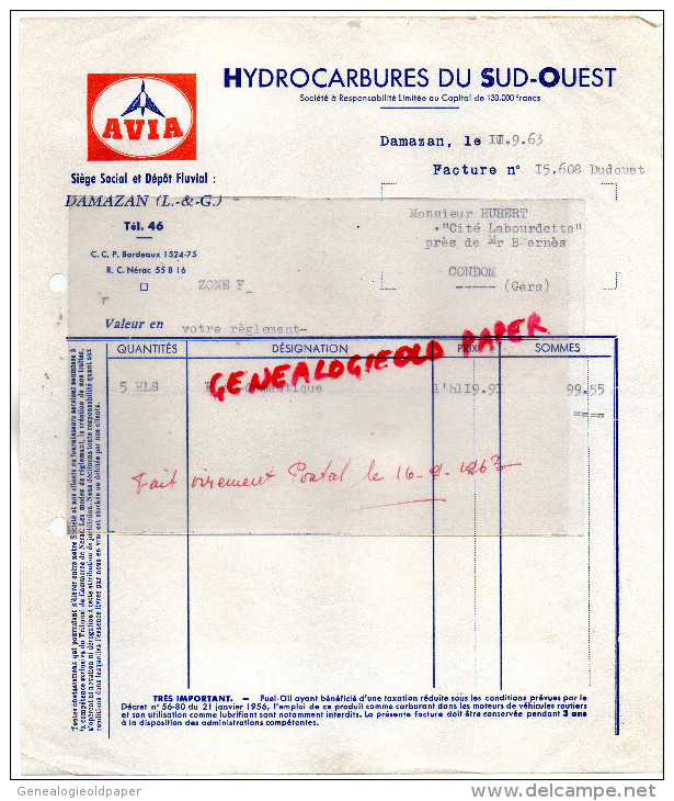 47 - DAMAZAN - FACTURE HYDROCARBURES DU SUD OUEST - FUEL- ESSENCE-PETROLE-  AVIA- 1963 - 1950 - ...