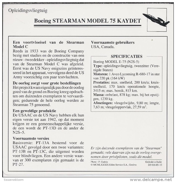 Vliegtuigen.- Lesvliegtuig. Lestoestel. Boeing STEARMAN Model 75 KAYDET - 2 Scans - Andere & Zonder Classificatie