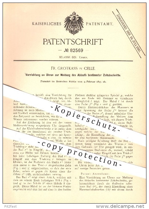 Original Patent - Fr. Grotkass In Celle , 1895 , Uhr , Uhren , Wecker , Uhrwerk , Glocke , Klingel , Uhrmacher , Zeit !! - Historische Dokumente