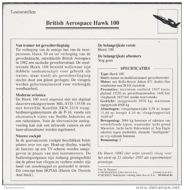 Vliegtuigen.- Lesvliegtuig. Lestoestel. British Aerospace Hawk 100 - 2 Scans - Andere & Zonder Classificatie