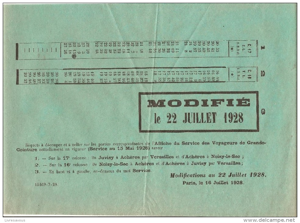 Affiche Des Horaires Du 22 Juillet 1928 De Juvigny à Achères Et De Noisy Le Sec à Achères - Eisenbahnverkehr