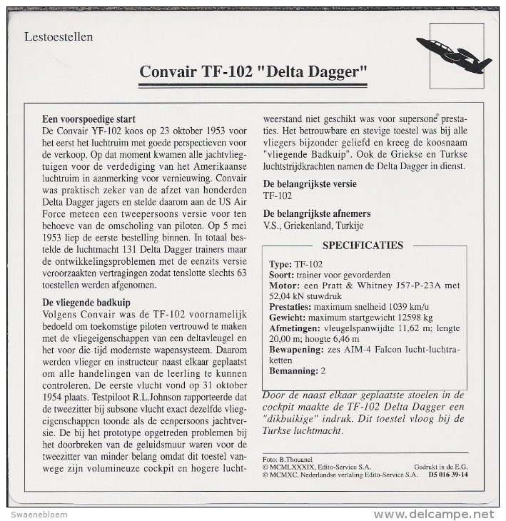 Vliegtuigen.- Lesvliegtuig. Lestoestel. Convair TF-102 - Delta Dagger - 2 Scans - Andere & Zonder Classificatie