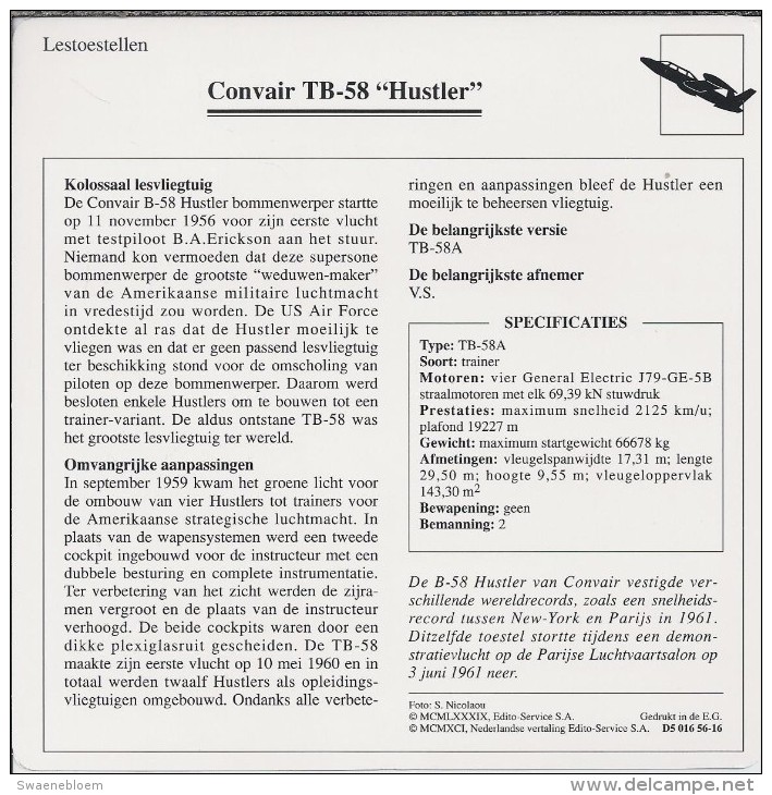 Vliegtuigen.- Lesvliegtuig. Lestoestel. Convair TB-58 - Hustler - 2 Scans - Andere & Zonder Classificatie