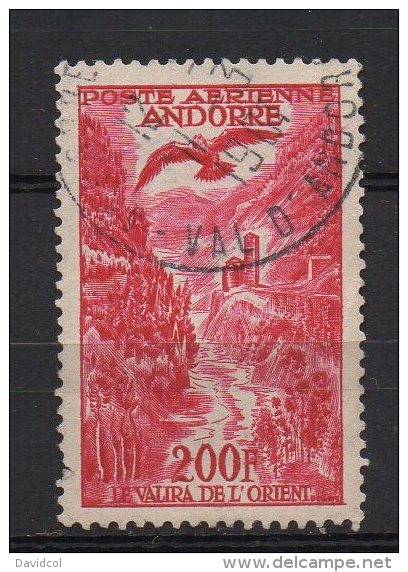 P467.-. FRENCH ANDORRE .-. 1955-1957 - SC #: C 3 . USED .-. SHORT PERF AT RIGHT .-. SCV: US$ 19.00 - Luchtpost