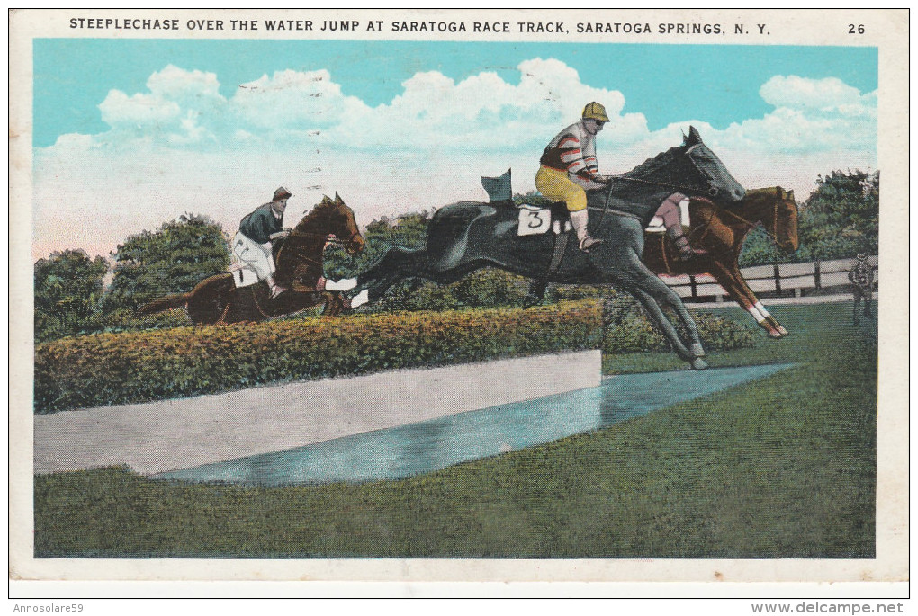 CARTOLINA: STEEPLECHASE OVER THE WATER JUMP AT SARATOGA RACE TRACK, SARATOGA SPRINGS N. Y. - VIAGGIATA - F/P - COLORI - Saratoga Springs