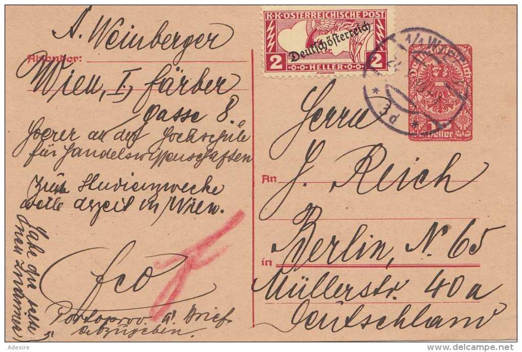 Österreich Pk Mit 10 Heller Ganzsache Und 2 Heller Zusatzfrankierung Gel.1919 Wien > Berlin - Covers & Documents