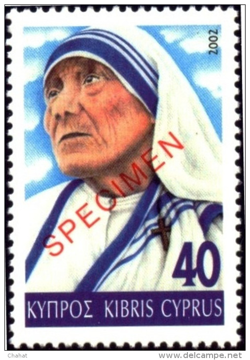 MOTHER TERESA-NOBEL PRIZE LAUREATE-SPECIMEN OVERPRINT-CYPRUS-2002-MNH-B3-835 - Madre Teresa