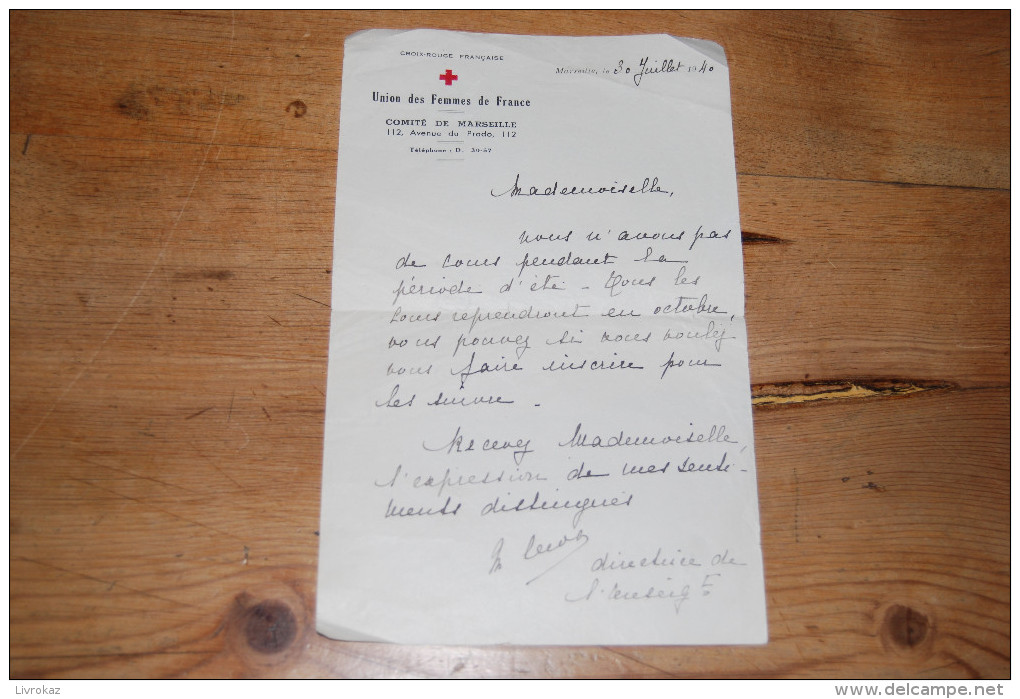 Courrier Envoyé Par La Directrice De L'Union Des Femmes De France, Comité De Marseille, Avenue Du Prado, 30/07/1940 - Documents Historiques