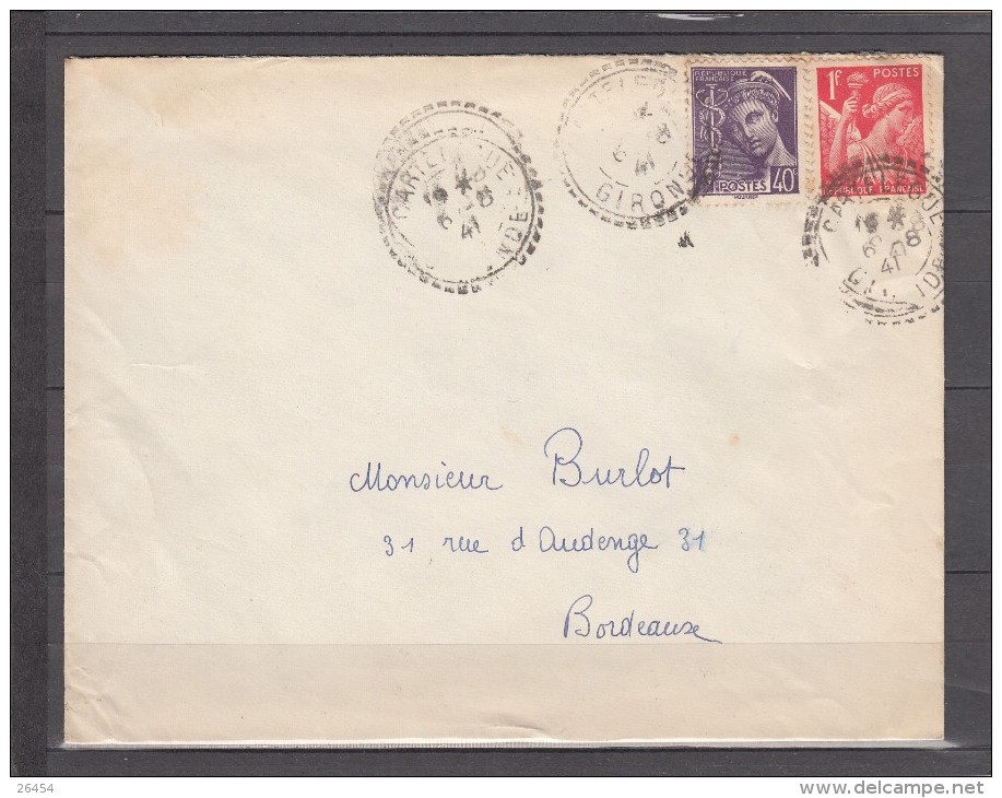 Lettre De CARTELEGUE Gironde    Le 6 8 1941 Pour BORDEAUX    Mercure 40c Violet Iris 1f Rouge Cachet PERLE - 1939-44 Iris