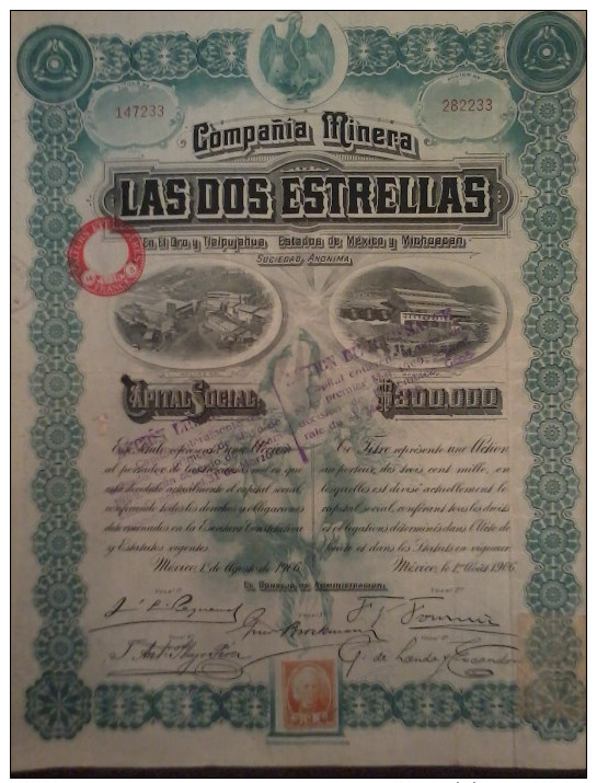 1 Compagnia Minera LAS DOS Estrellas Mexico 1906 Sans  Coupons - Other & Unclassified