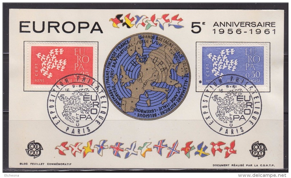 = Carte Europa 5è Anniversaire Exposition Philatélique Paris 16.9.61  Colombes Stylisés Par Colombes En Vol N°1309 1310 - 1961