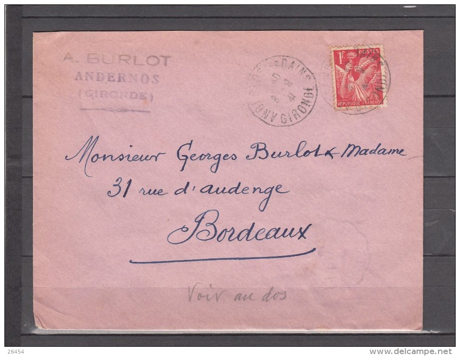 Lettre   De ANDERNOS LES BAINS  Gironde  1941   FLIER De BORDEAUX En ARRIVEE  Iris 1f Rouge - 1939-44 Iris