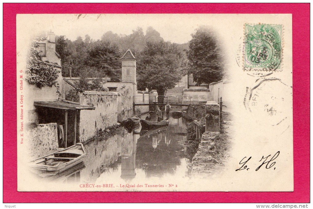 77 SEINE-et-MARNE CRECY-en-BRIE, Le Quai Des Tanneries Sur Le Grand Morin, Animée, 1903, Précurseur, (Vve E. Gruot, Cré - Altri & Non Classificati