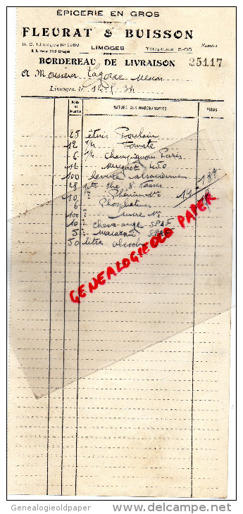 87 - LIMOGES -BORDEREAU LIVRAISON FLEURAT & BUISSON - EPICERIE -CAFES INDIGOS- 12 RUE FRANCOIS CHENIEUX- 1934 - Other & Unclassified