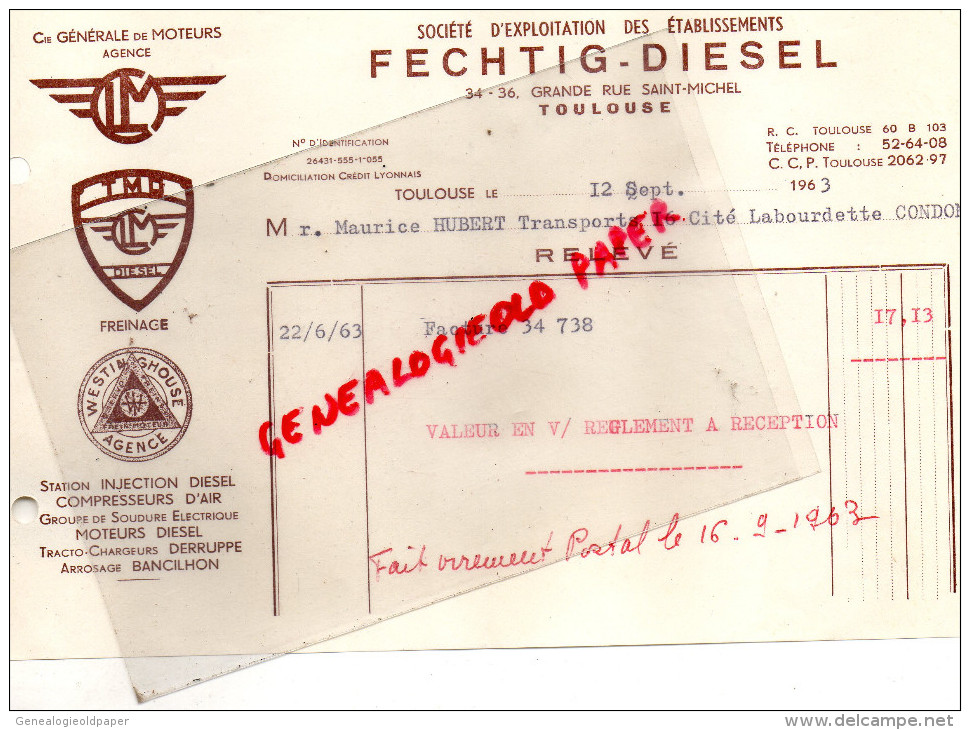 31 - TOULOUSE - FACTURE FECHTIG-DIESEL - 34 GRANDE RUE SAINT MICHEL- 1963 - 1950 - ...