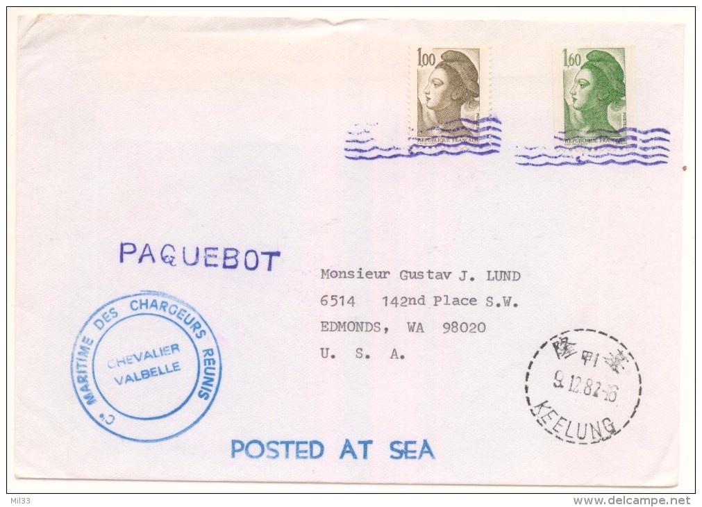 Lettre Du Chevalier Valbelle Postée à La Mer Avec 1F Et 1F60 Marianne De 1987 Oblitéré à Taïwan - Poste Maritime