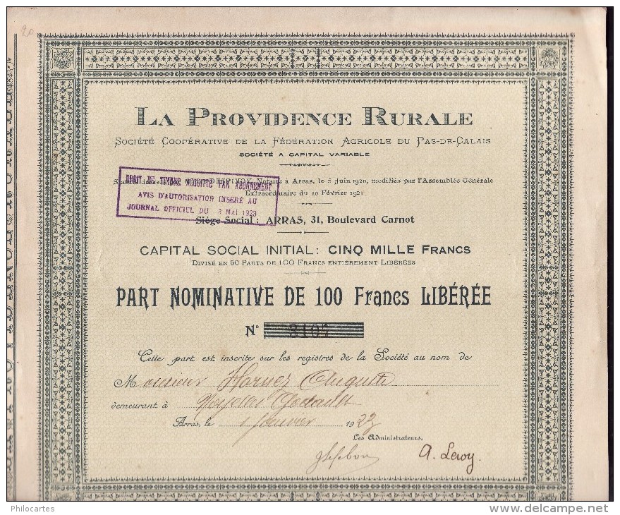 La Providence Rurale - Part Nominative De 100frs Libérée - P - R