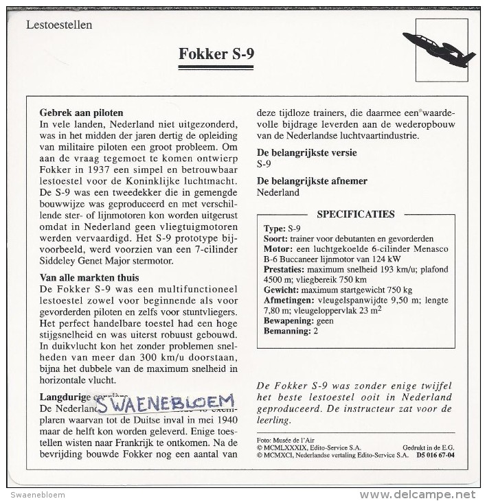Vliegtuigen.- Lesvliegtuig. Lestoestel. Fokker S-9 - 2 Scans - Andere & Zonder Classificatie