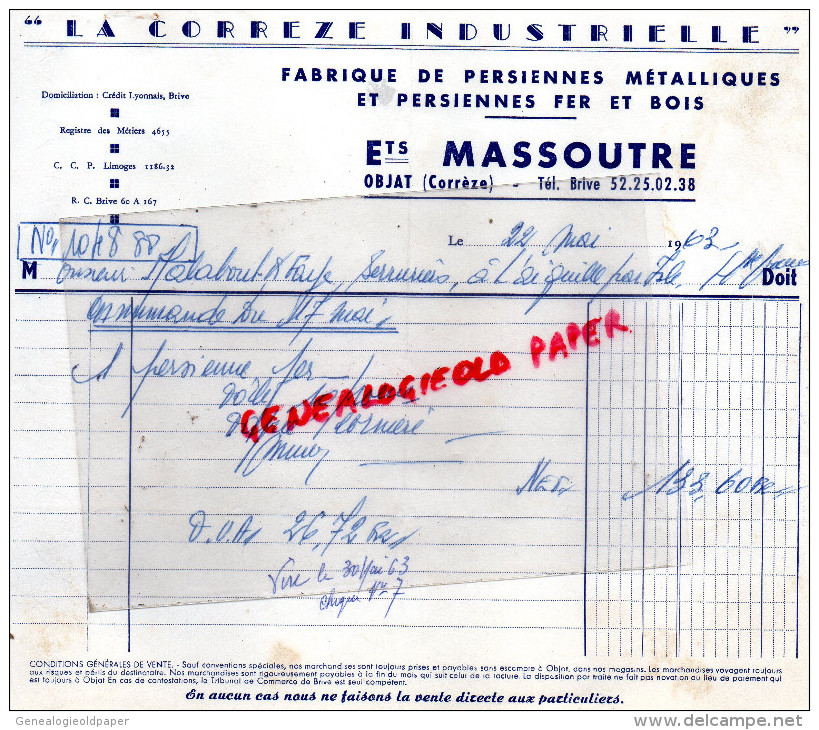 19 - OBJAT - FACTURE ETS. MASSOUTRE- FABRIQUE DE PERSIENNES BOIS ET METALLIQUES-LA CORREZE INDUSTRIELLE-1963 - 1950 - ...