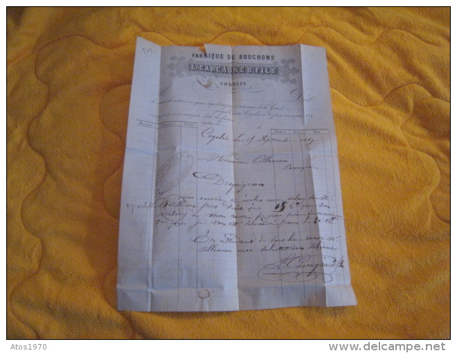 LETTRE ANCIENNE DE 1869. / L. CARCAGNE ET FILS FABRIQUE DE BOUCHONS. / COGOLIN A DRAGUIGNAN. / CACHETS + TIMBRE + 1067 G - 1849-1876: Période Classique