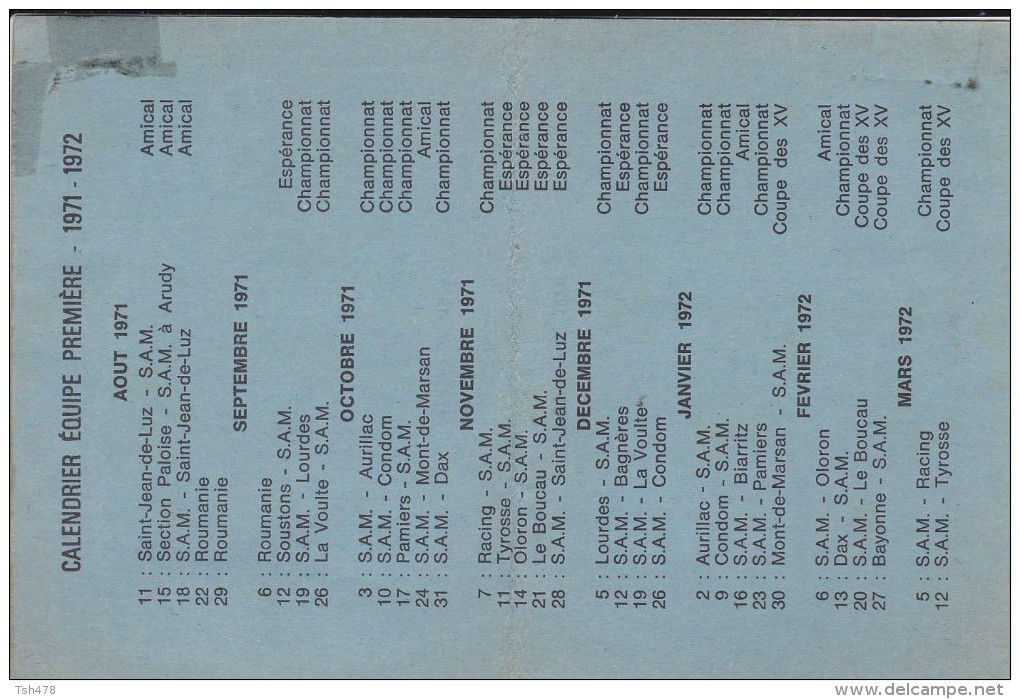 Carte D´abonnement--64----S. A. MAULEONNAIS---calendrier équipe Première--1971-1972--voir 3 Scans - Rugby