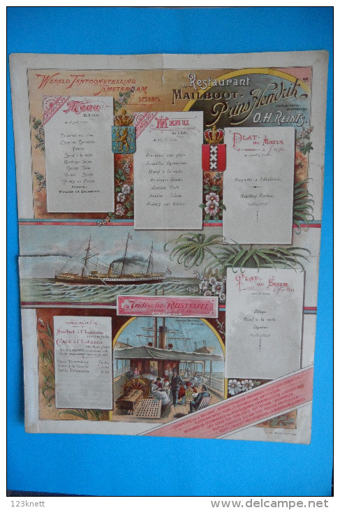 Speisekarte Vom " Mailboot - Prins Hendrik " , Wereld Tentoonstelling Amsterdam, 1895 - Menus